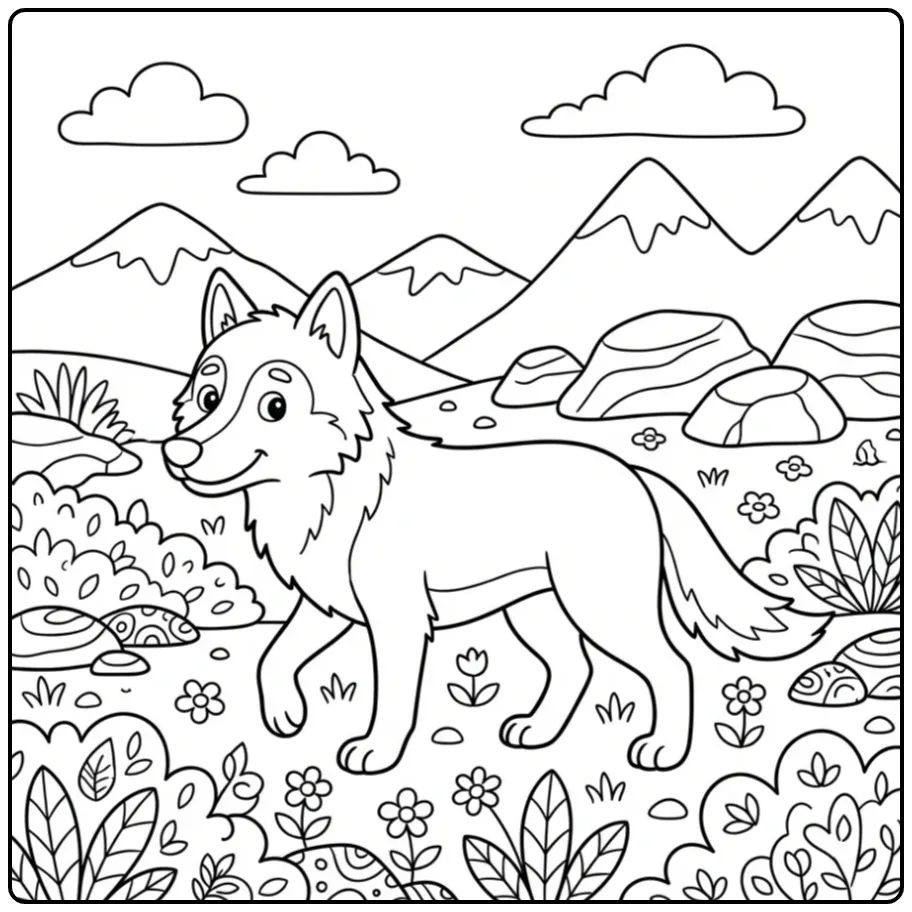 Wolf coloring page featuring a wolf in the tundra