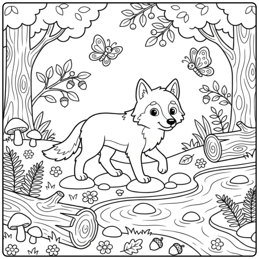Wolf coloring page showing a wolf by a creek