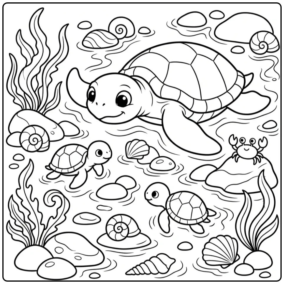 Turtles coloring page with a family in a tide pool
