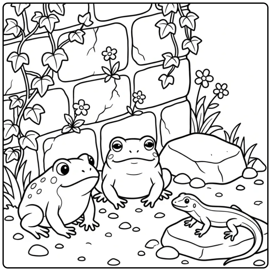 Toad coloring page with two toads and a lizard by a wall