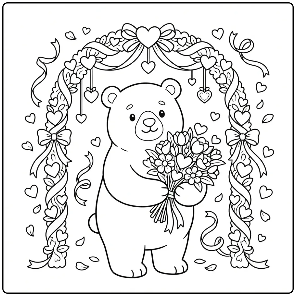 Valentine bear coloring page with flowers and hearts