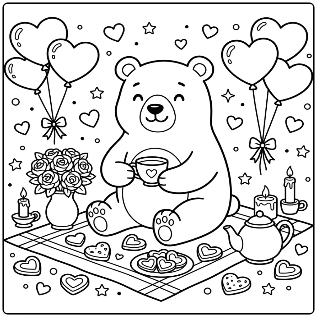 Valentine bear coloring page with roses and balloons