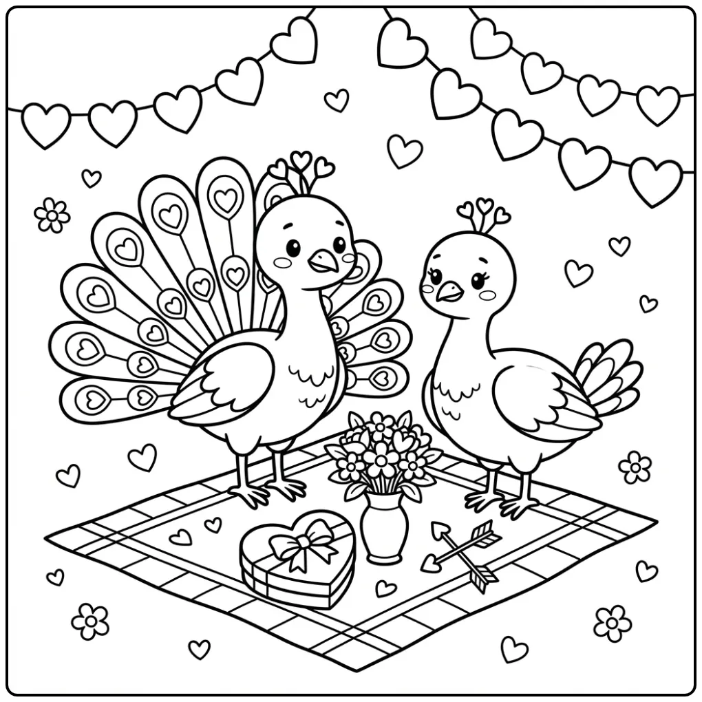 Valentines peacock coloring page at a picnic