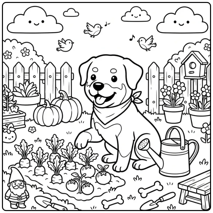 Rottweiler Puppy Guarding a Vegetable Garden coloring page