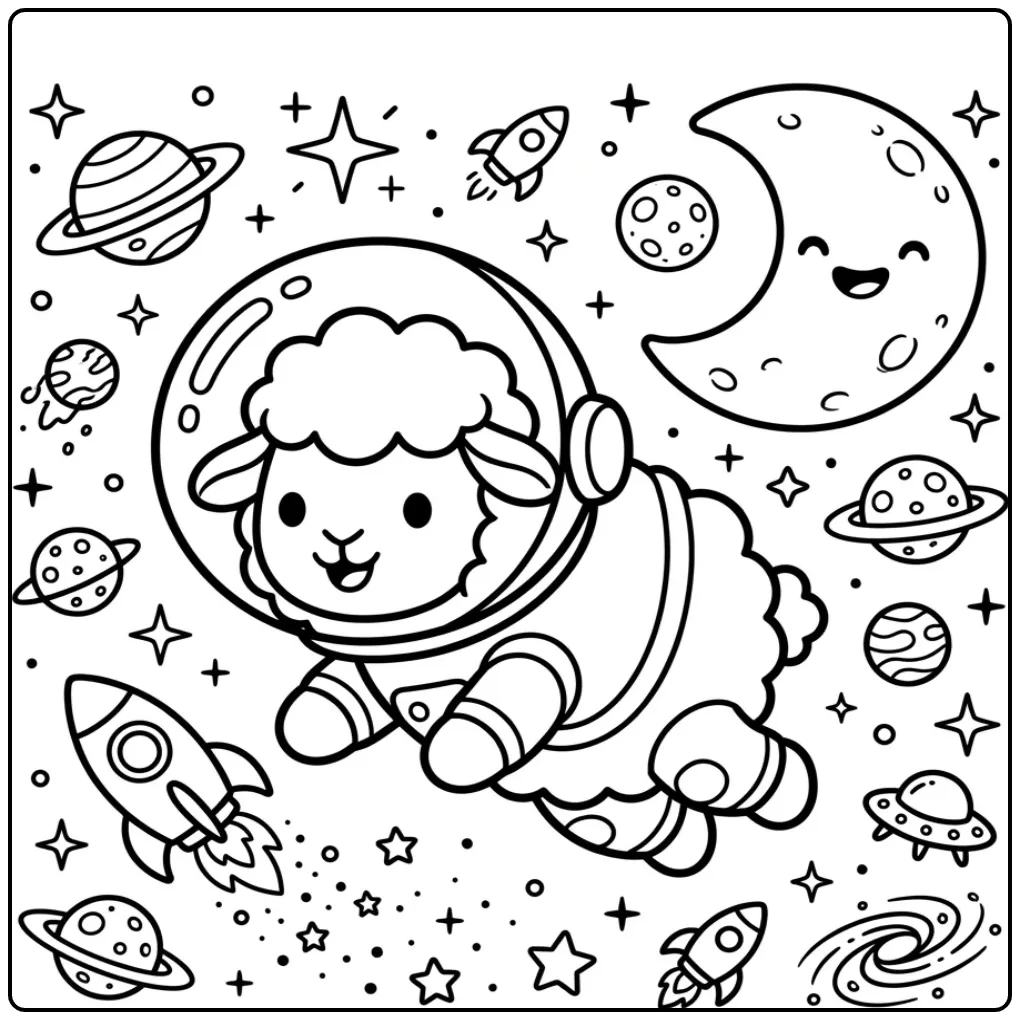 Astronaut sheep coloring page floating in space