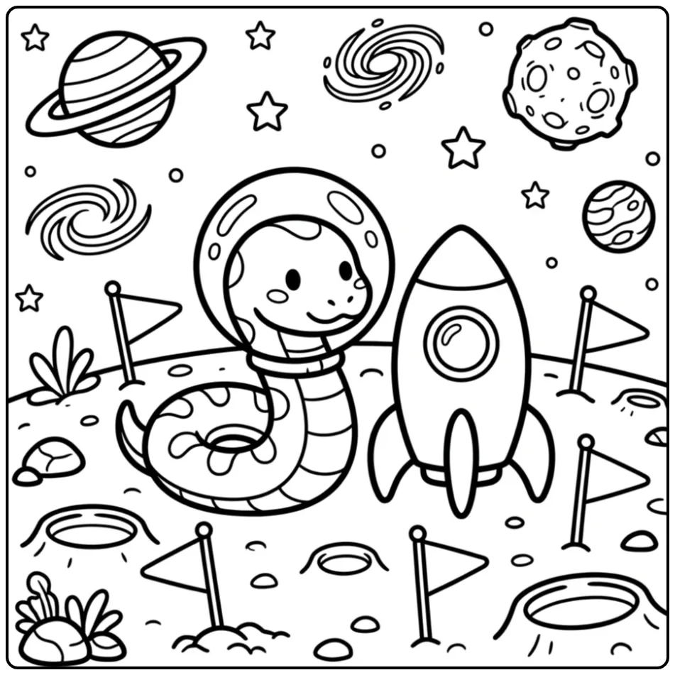 Snake coloring page featuring a snake astronaut on the moon