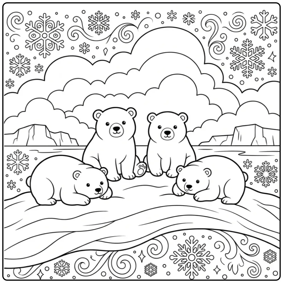 Polar bears coloring page on a snowy hill