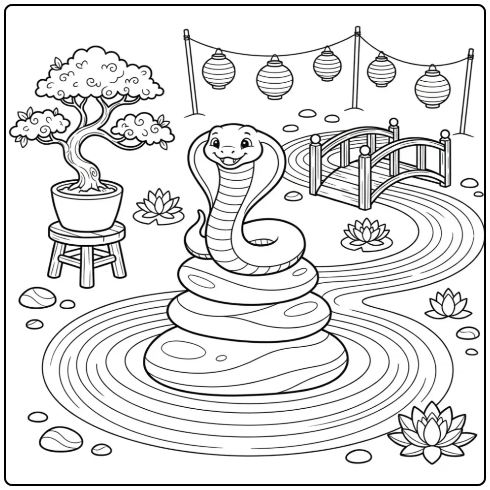 Cobra coloring page on stones in a zen garden