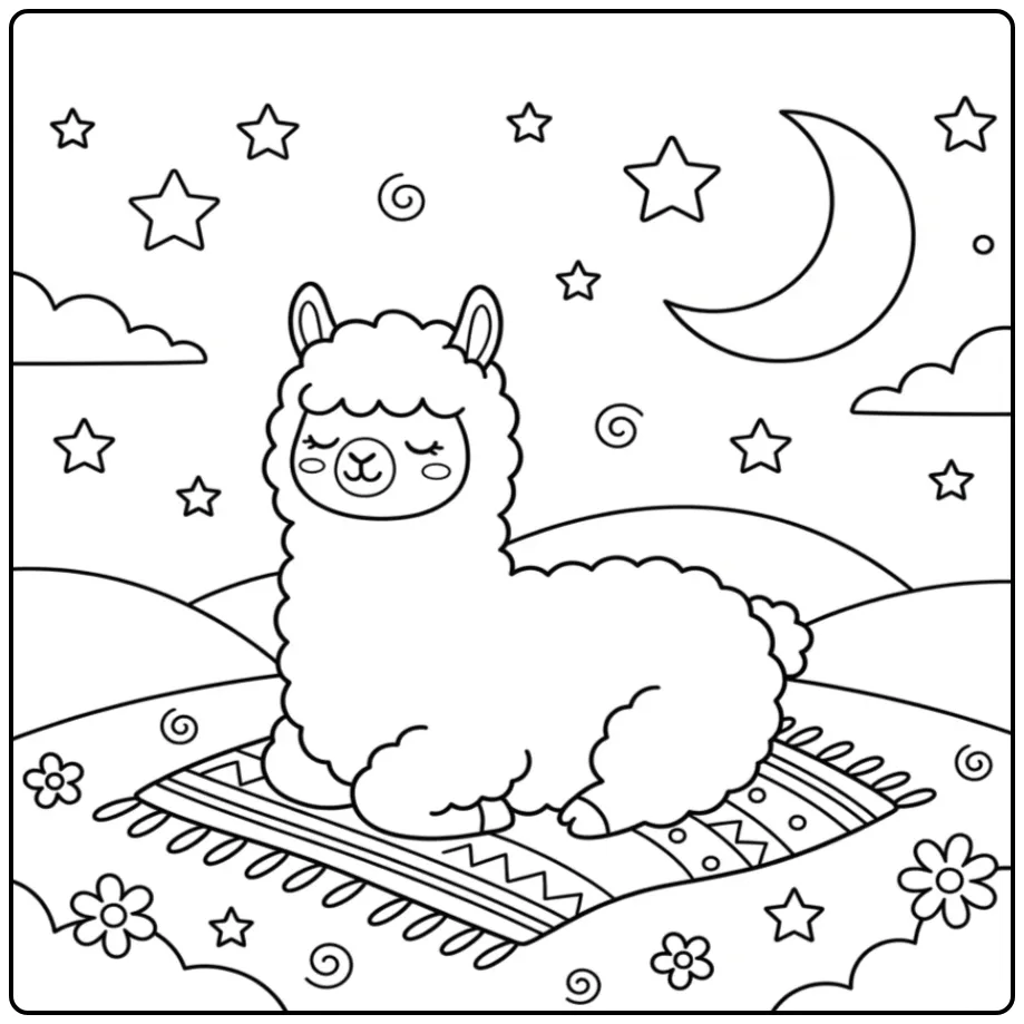 Cute alpaca coloring page under the stars and moon