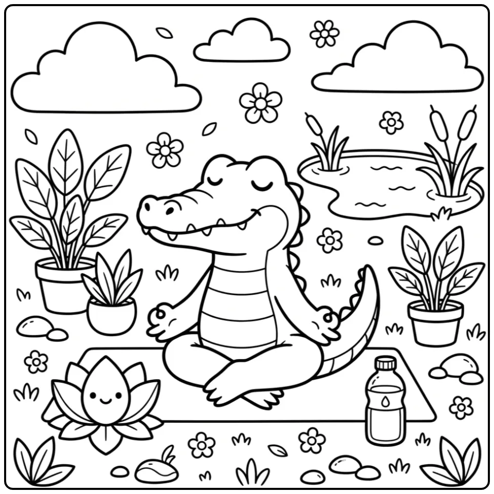 Crocodile coloring page featuring a crocodile doing yoga
