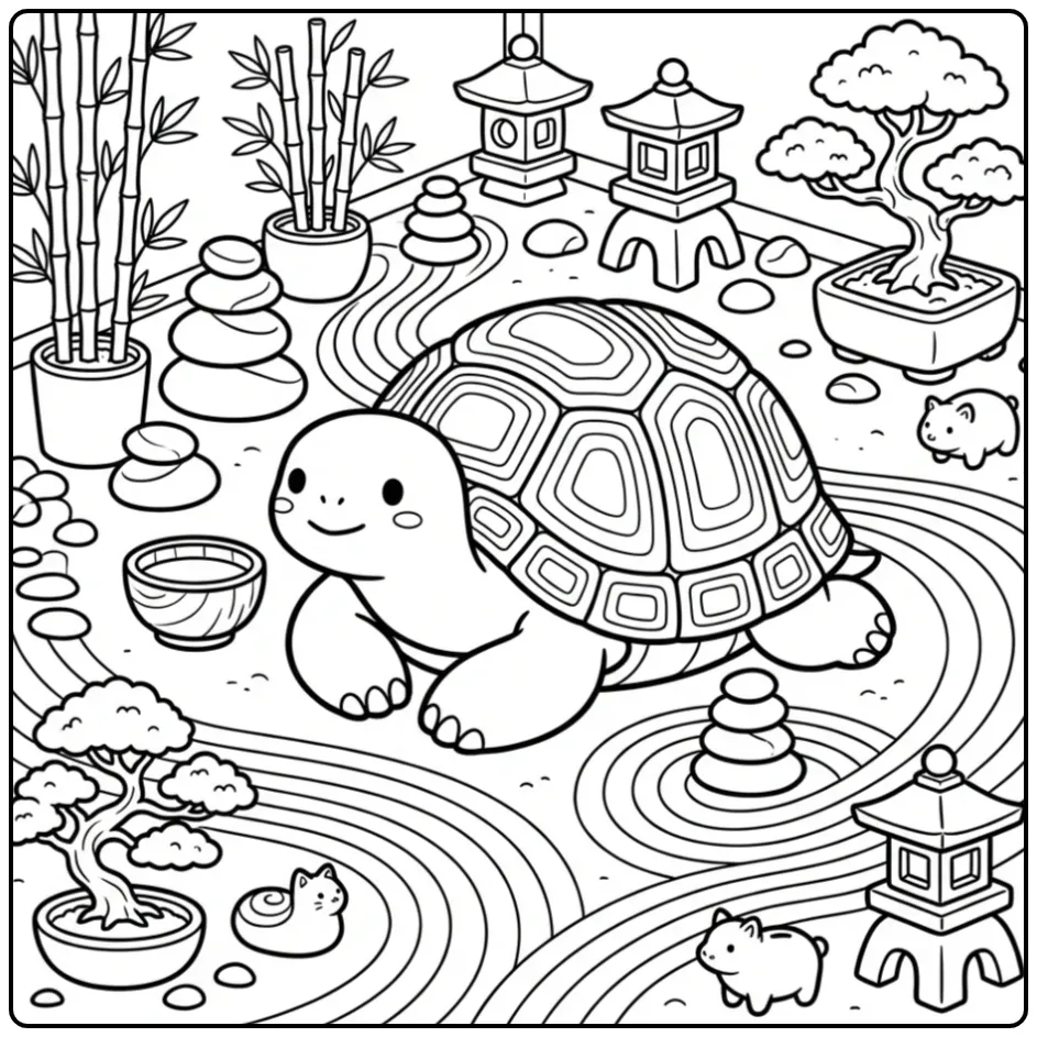 Adult turtle coloring page in a zen rock garden