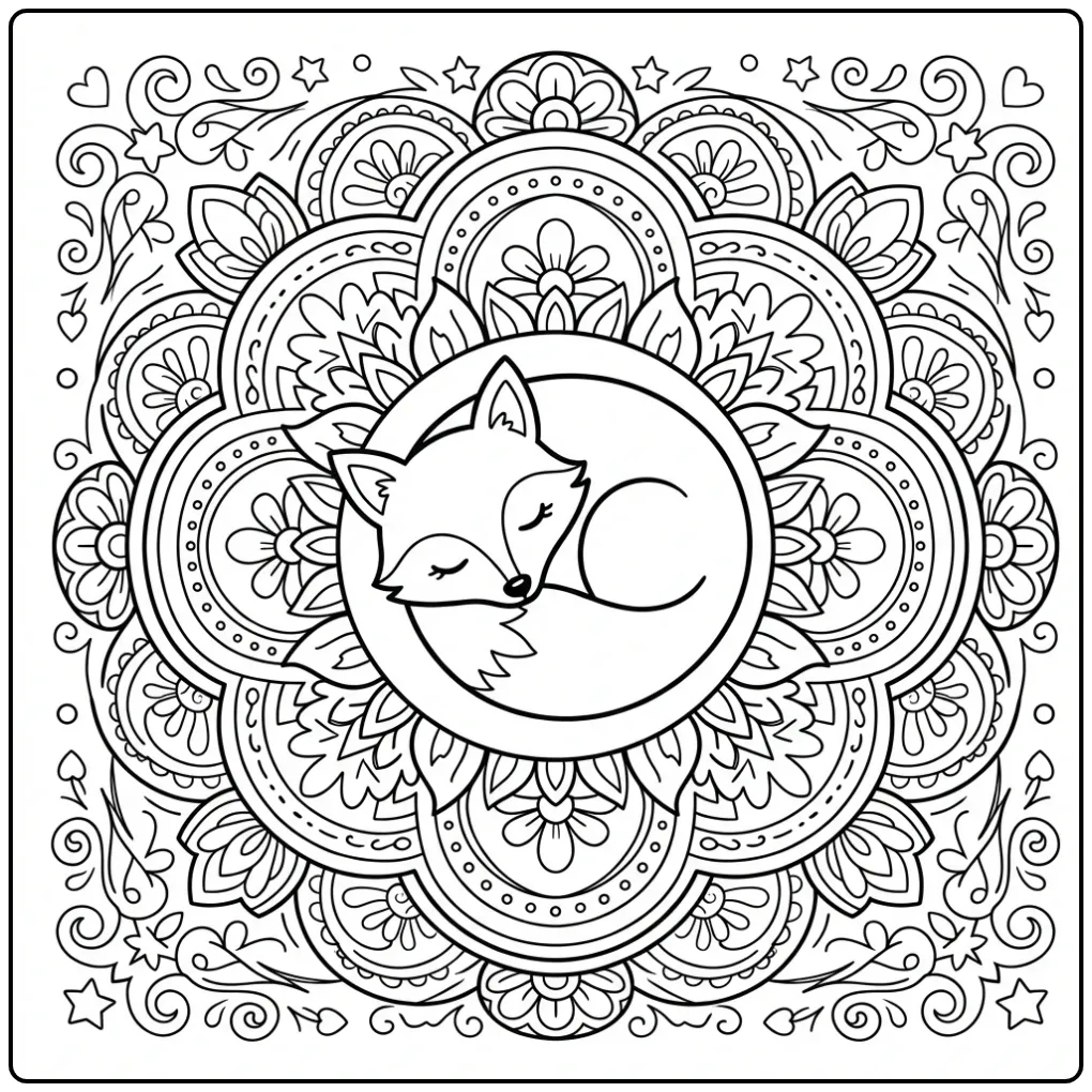 Mandala fox coloring page with a sleeping fox