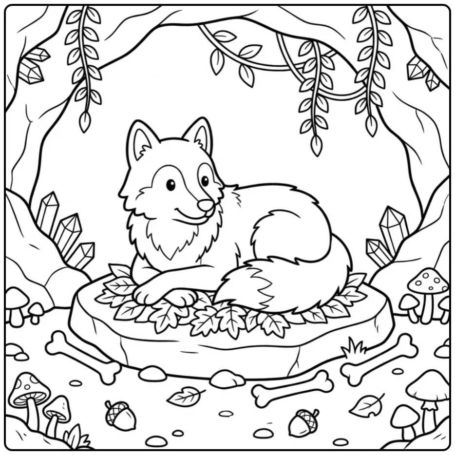 Wolf coloring page featuring a wolf in a crystal cave
