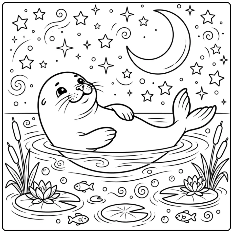 Seal coloring page showing a seal under the moon