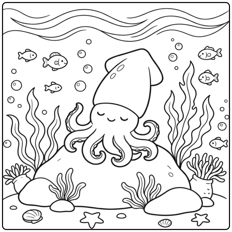 Squid coloring page resting on the sea floor