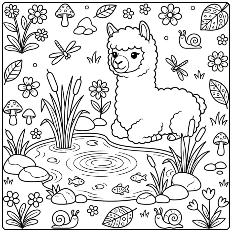 Cute alpaca coloring page sitting by a pond