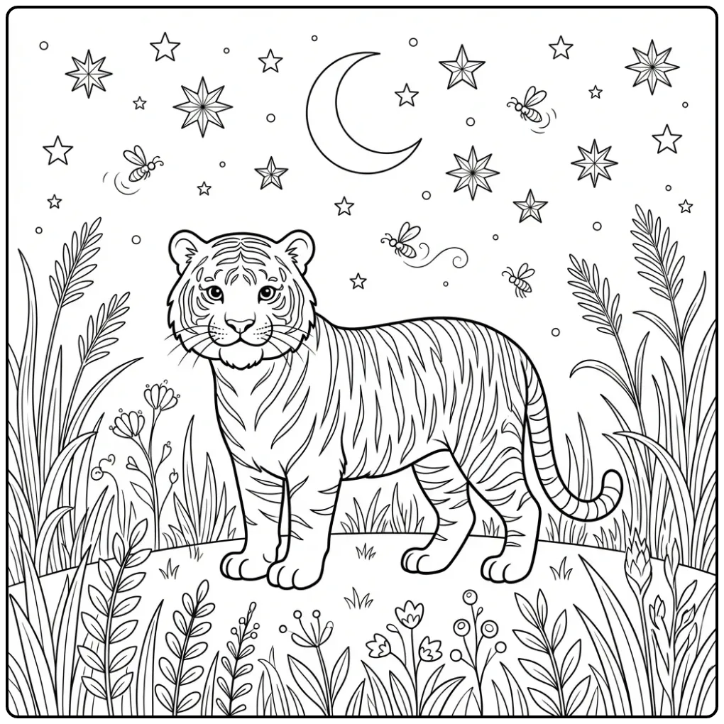 Adult tiger coloring page by moonlight