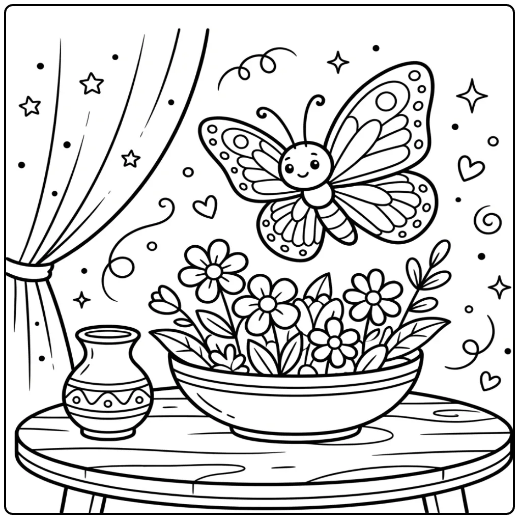 Easy adult butterfly coloring page with flowers on a table