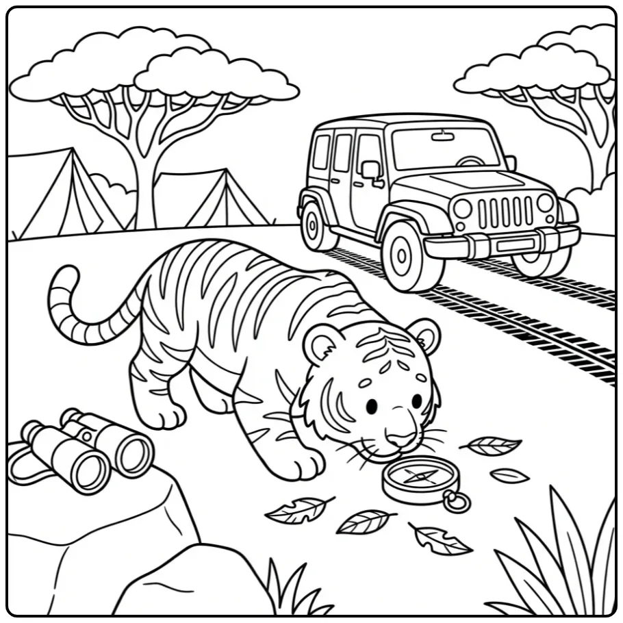 Tiger coloring page on safari with a jeep
