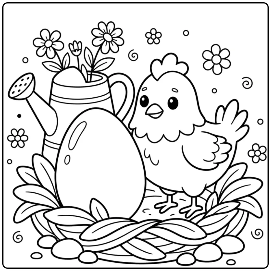 Toddler chick coloring page in a nest with a watering can
