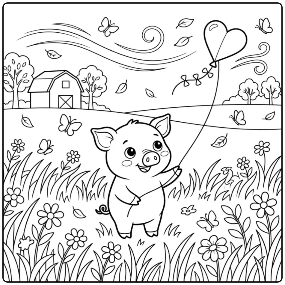 Pig coloring page flying a kite in a meadow