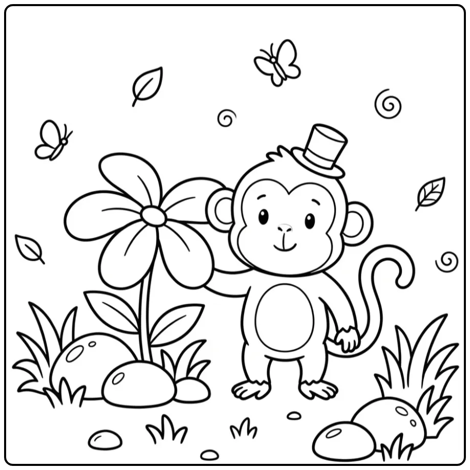 Easy monkey coloring page in the jungle with a flower