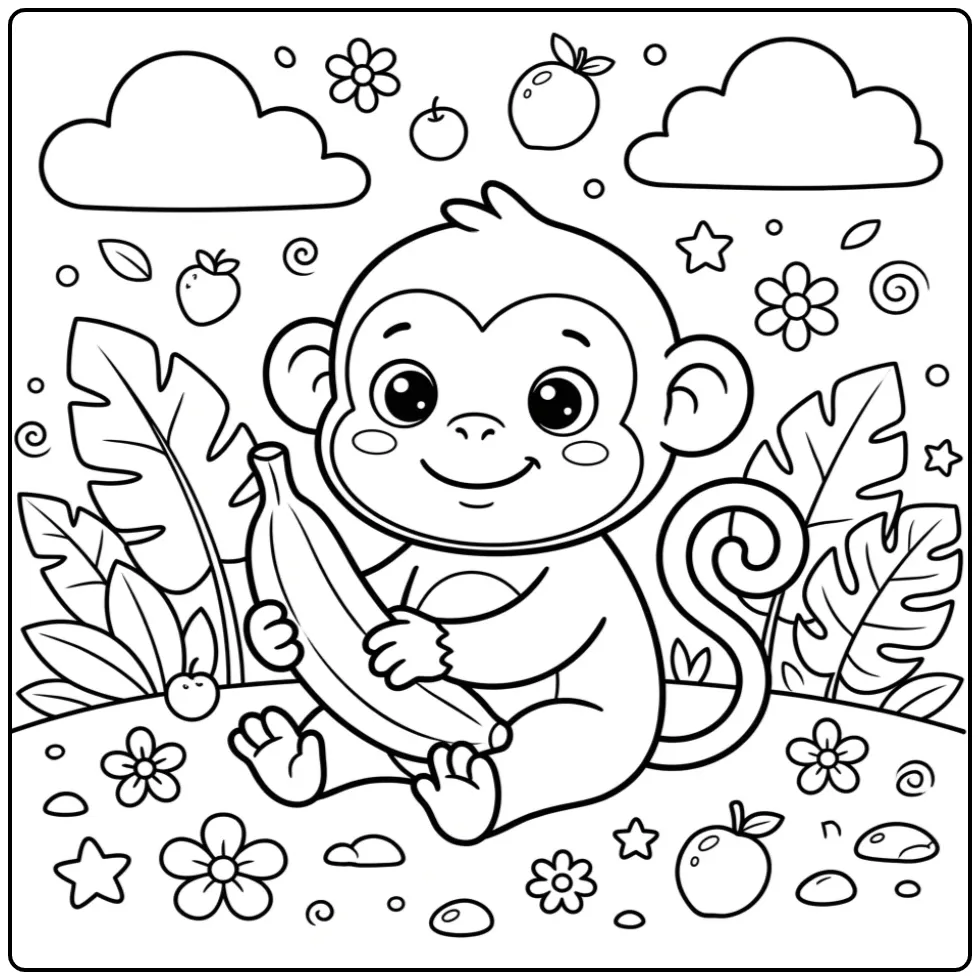 Easy monkey coloring page with a banana