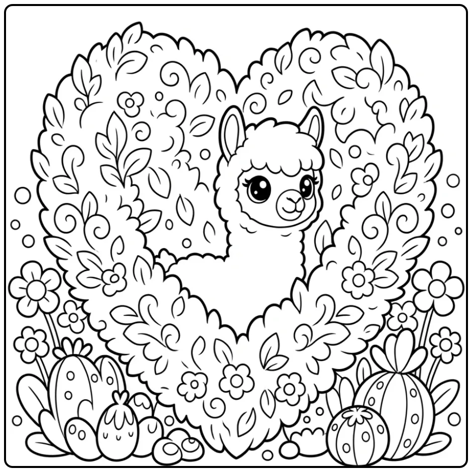 Cute alpaca coloring page with a heart-shaped bush