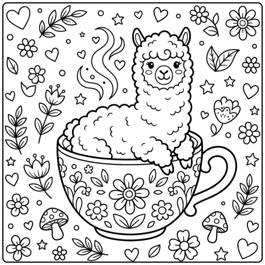 Cute alpaca coloring page of an alpaca in a teacup