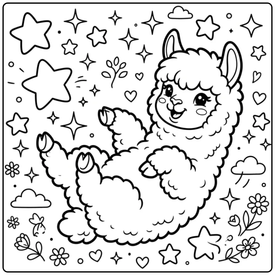 Cute alpaca coloring page lying on its back