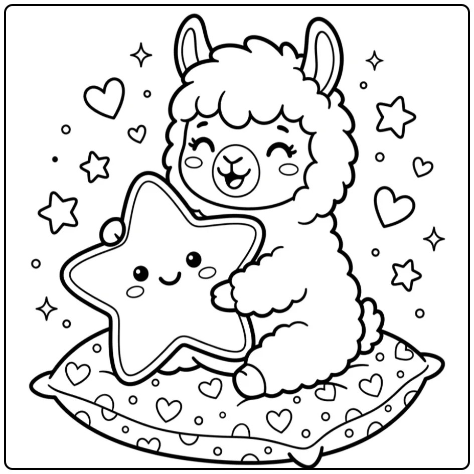 Cute alpaca coloring page hugging a star