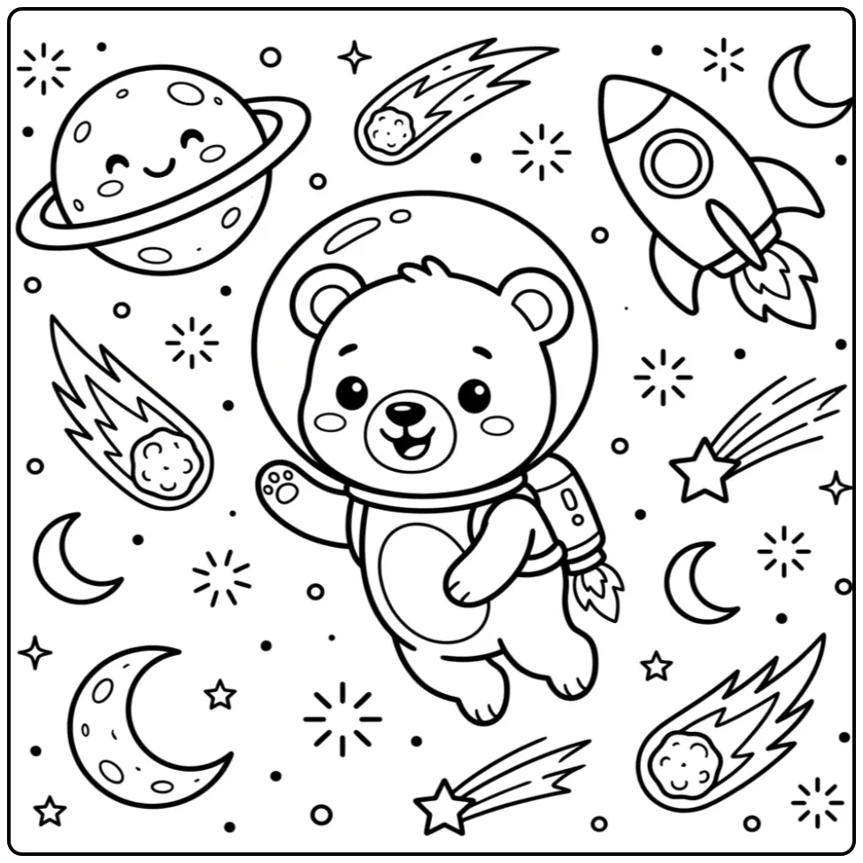 Teddy bear coloring page as an astronaut near planets