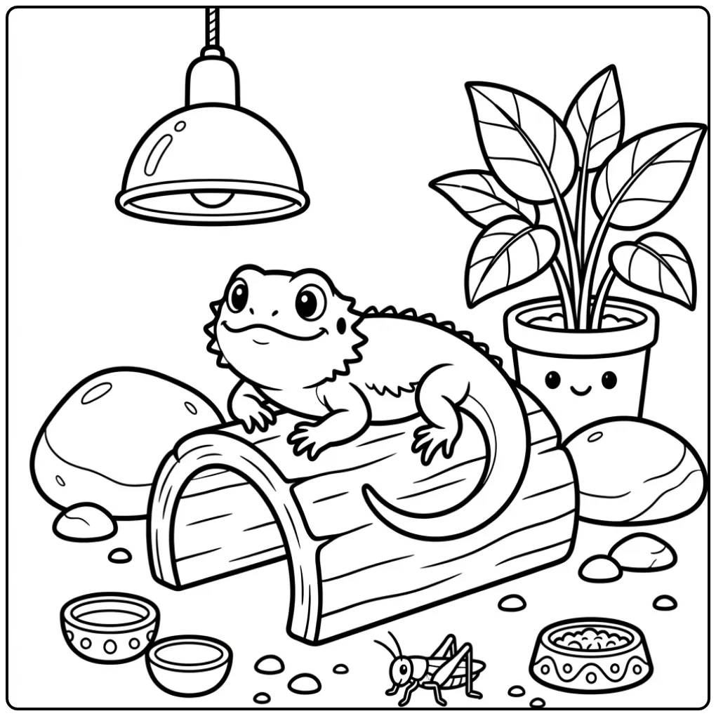 Toddler bearded dragon coloring page under a heat lamp