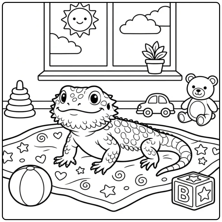 Toddler bearded dragon coloring page with toys and sunshine