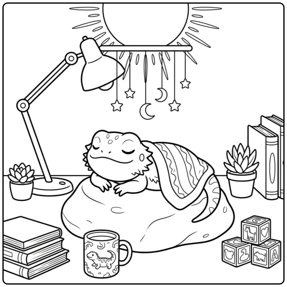 Baby bearded dragon coloring page sleeping under a blanket