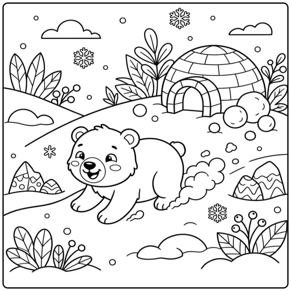 Baby polar bear coloring page sliding down a snowy hill
