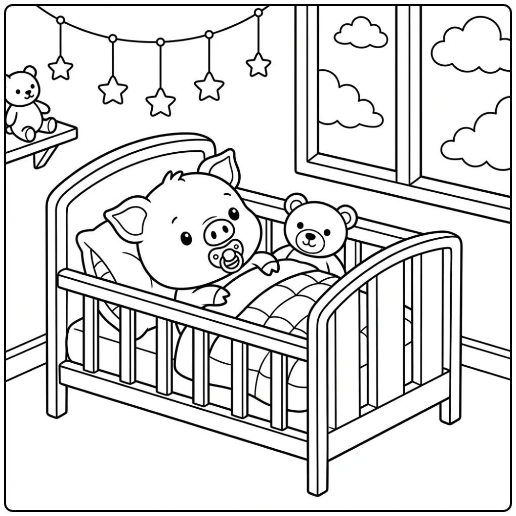 Little pig coloring page with a pacifier in a soft bed