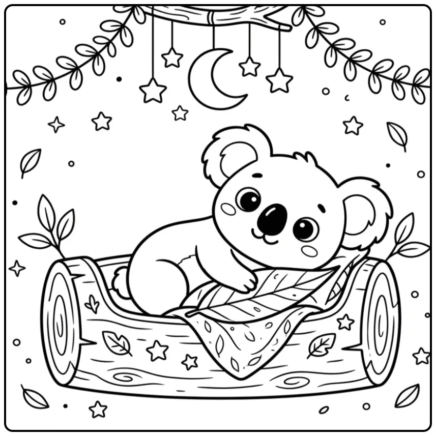 Baby koala coloring page in a log cradle
