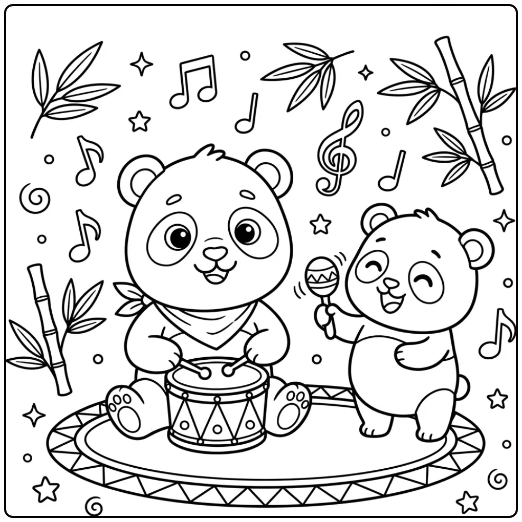 Baby panda coloring page with drum and rattle