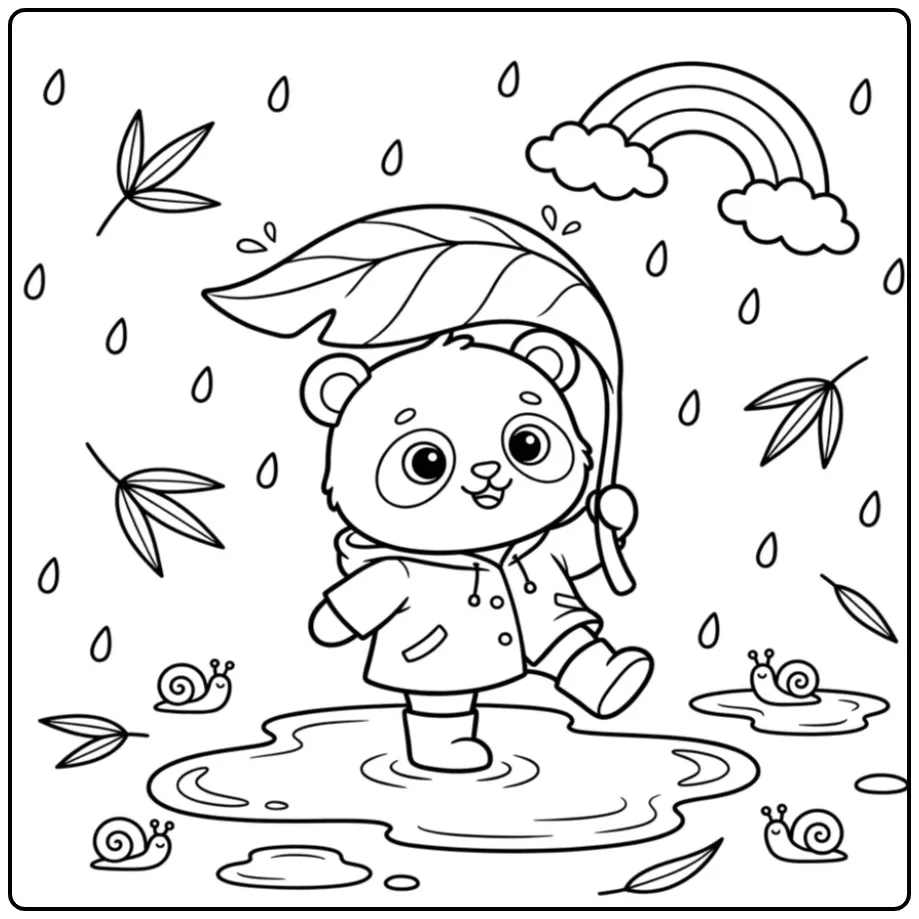 Baby panda coloring page with a leaf umbrella