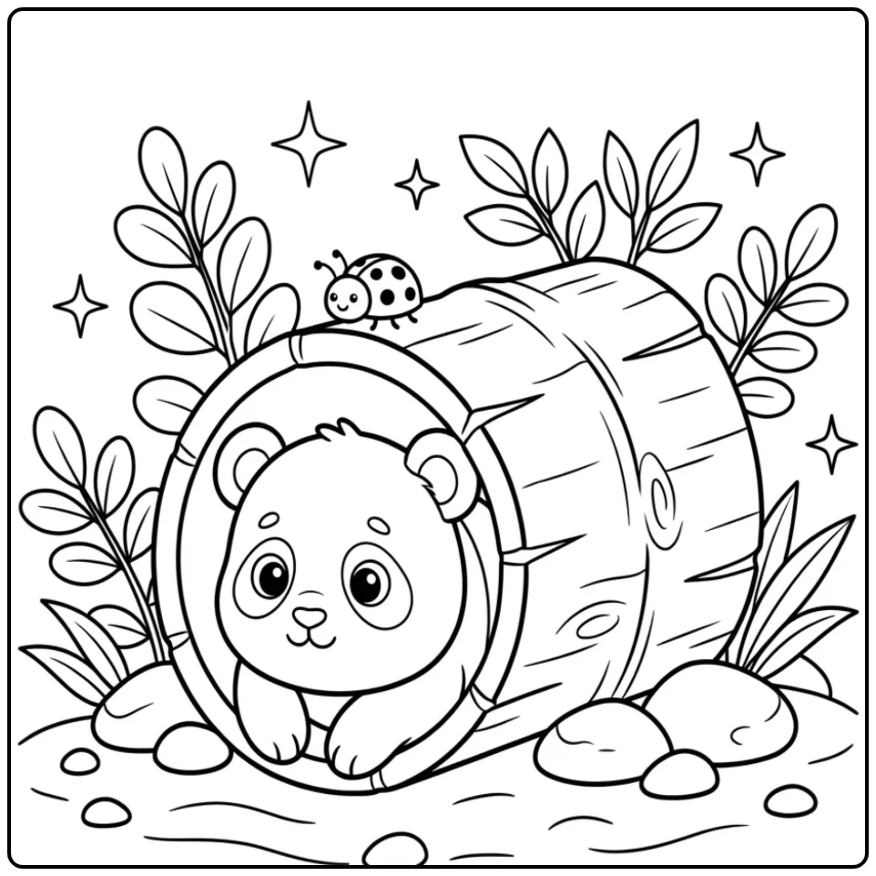 Baby panda coloring page peeking from hollow bamboo