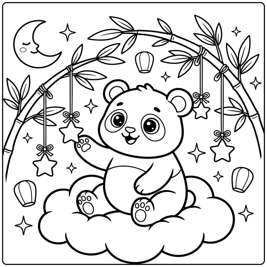 Magical baby panda coloring page on a cloud with stars