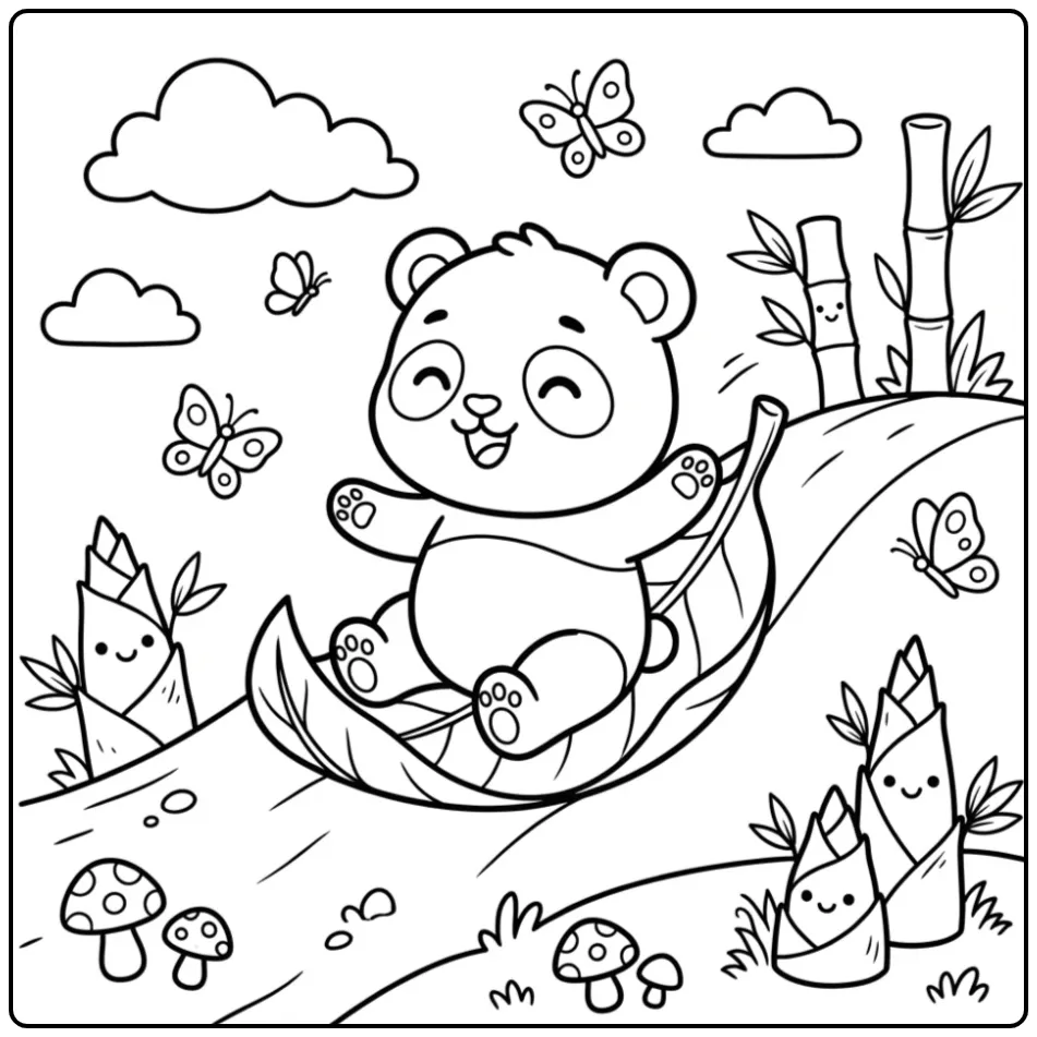 Baby panda coloring page sliding on a large leaf