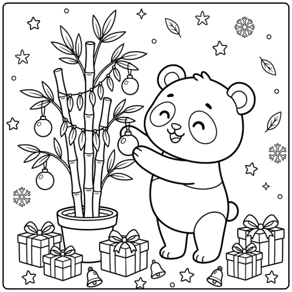 Baby panda coloring page with a bamboo tree and presents