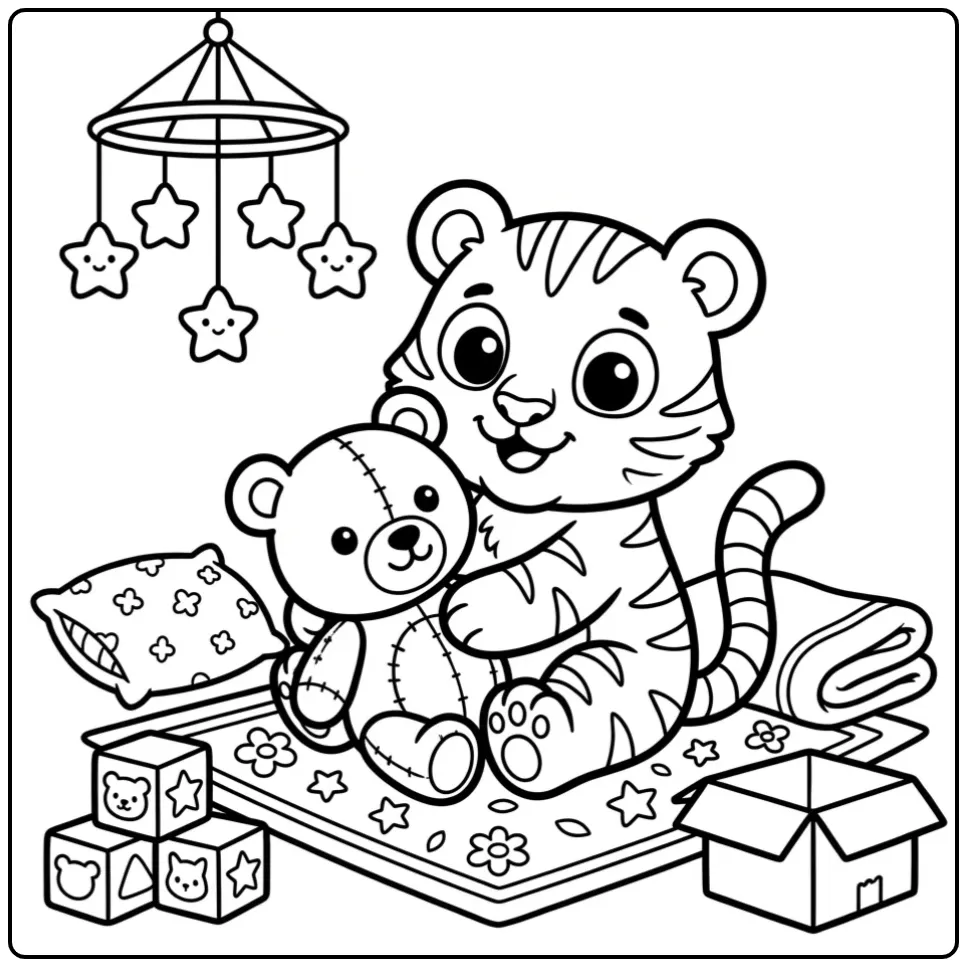 Baby tiger coloring page cuddling with a toy