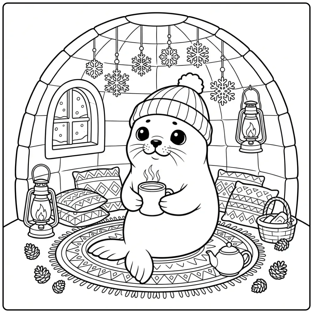 Seal coloring page featuring a baby seal in an igloo