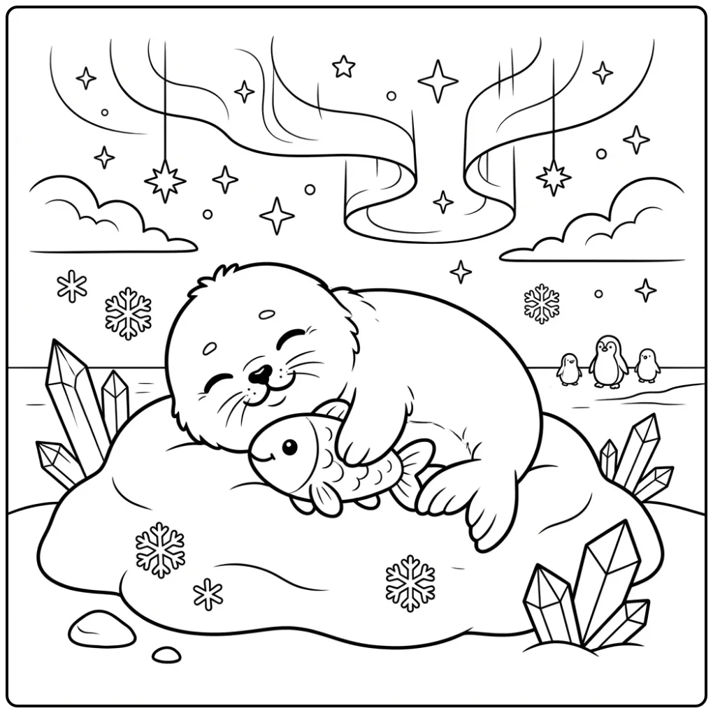 Seal coloring page showing a sleeping baby seal