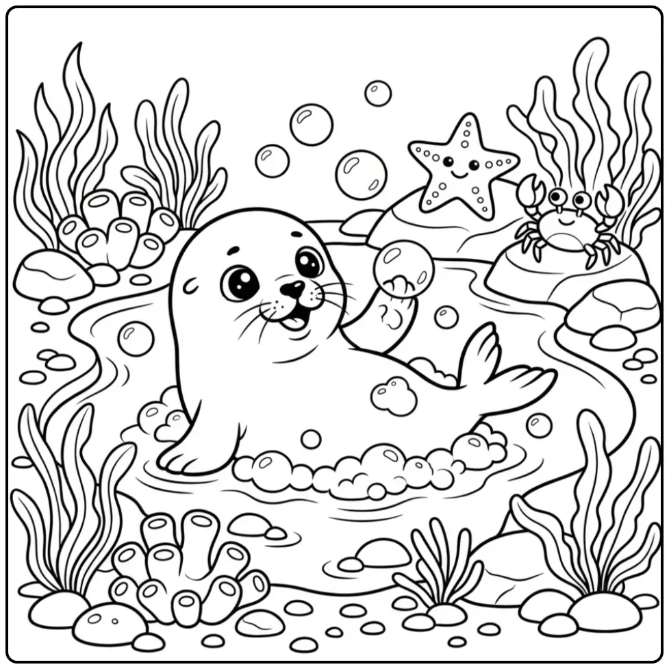 Seal coloring page showing a baby seal with bubbles