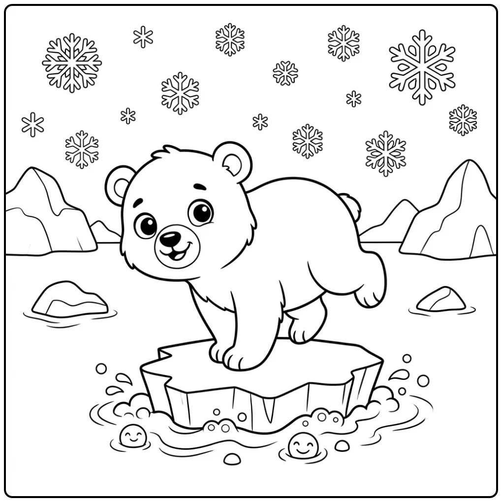 Baby polar bear coloring page on an ice floe