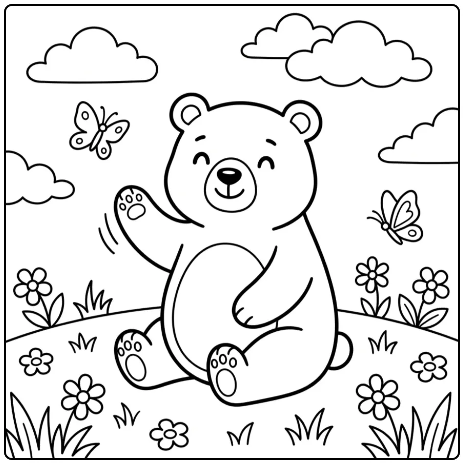 Easy bear coloring page with a waving bear for kids